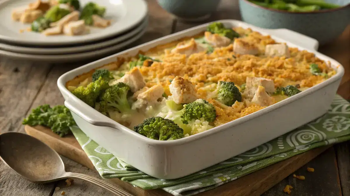 Chicken broccoli rice casserole with cheddar topping
