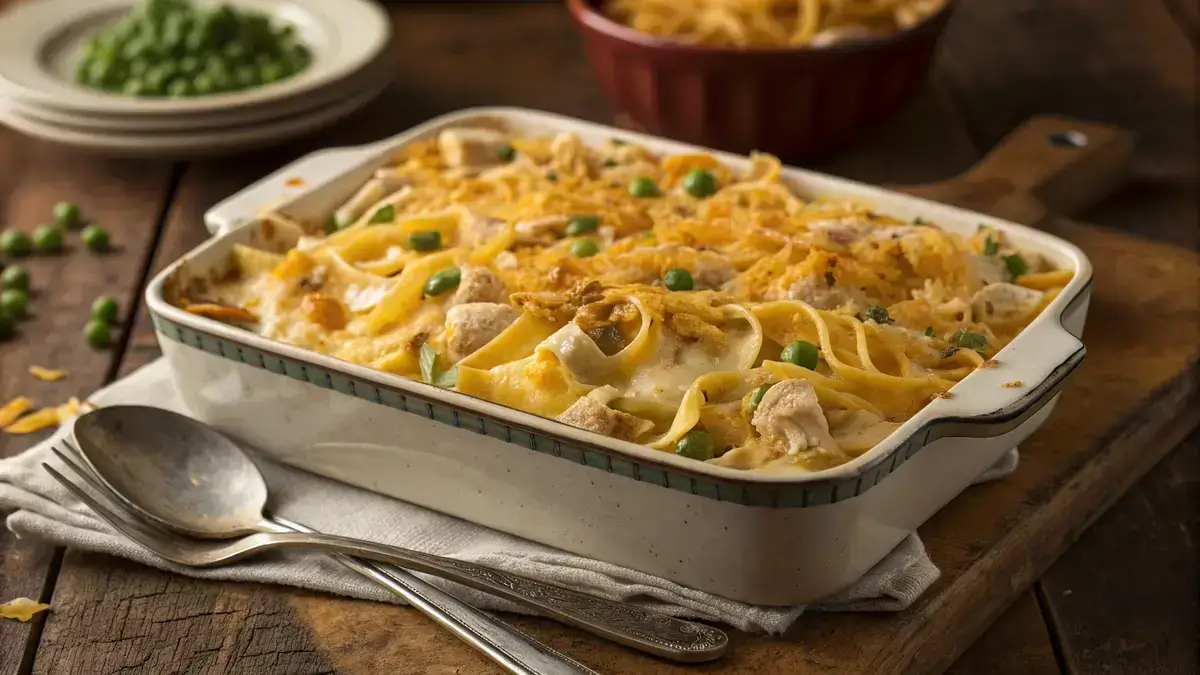 Golden brown chicken noodle casserole topped with melted cheddar cheese, served in a baking dish.