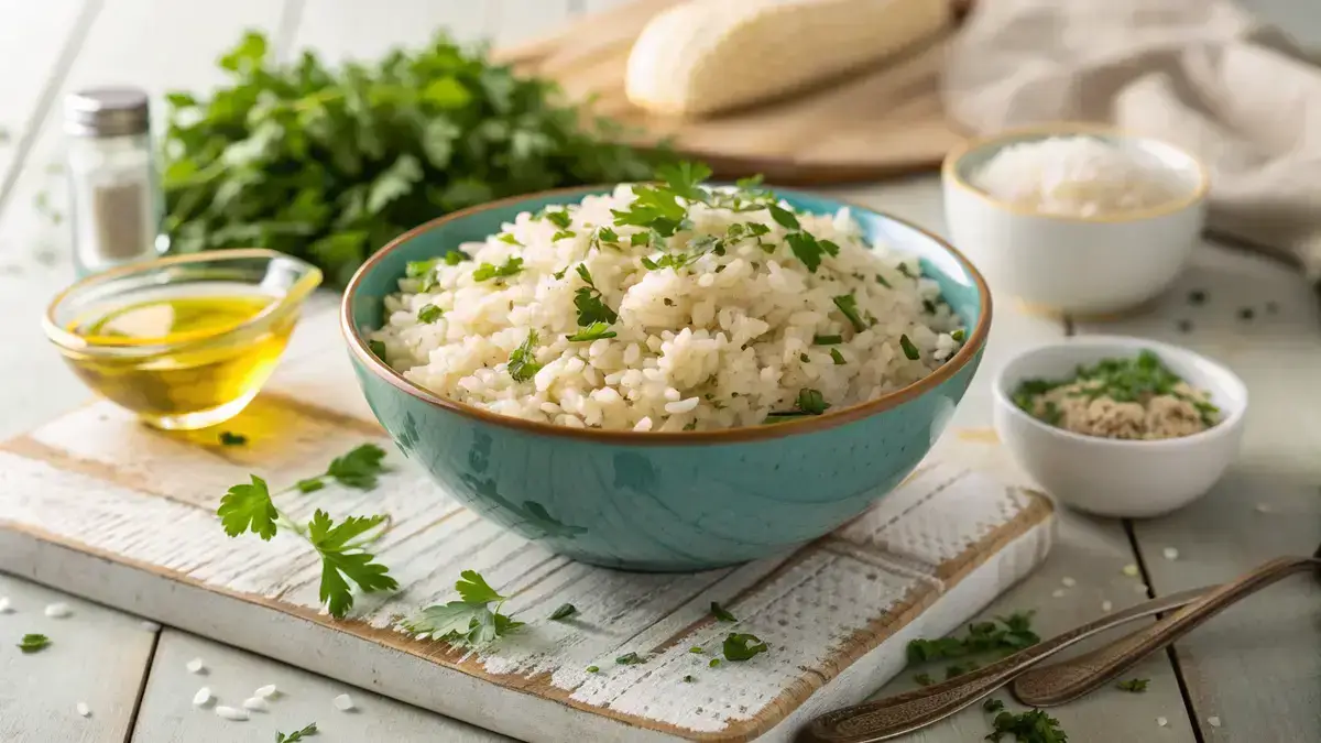 Bowl of fluffy jasmine brown rice with herbs and cooking ingredients on a wooden table.