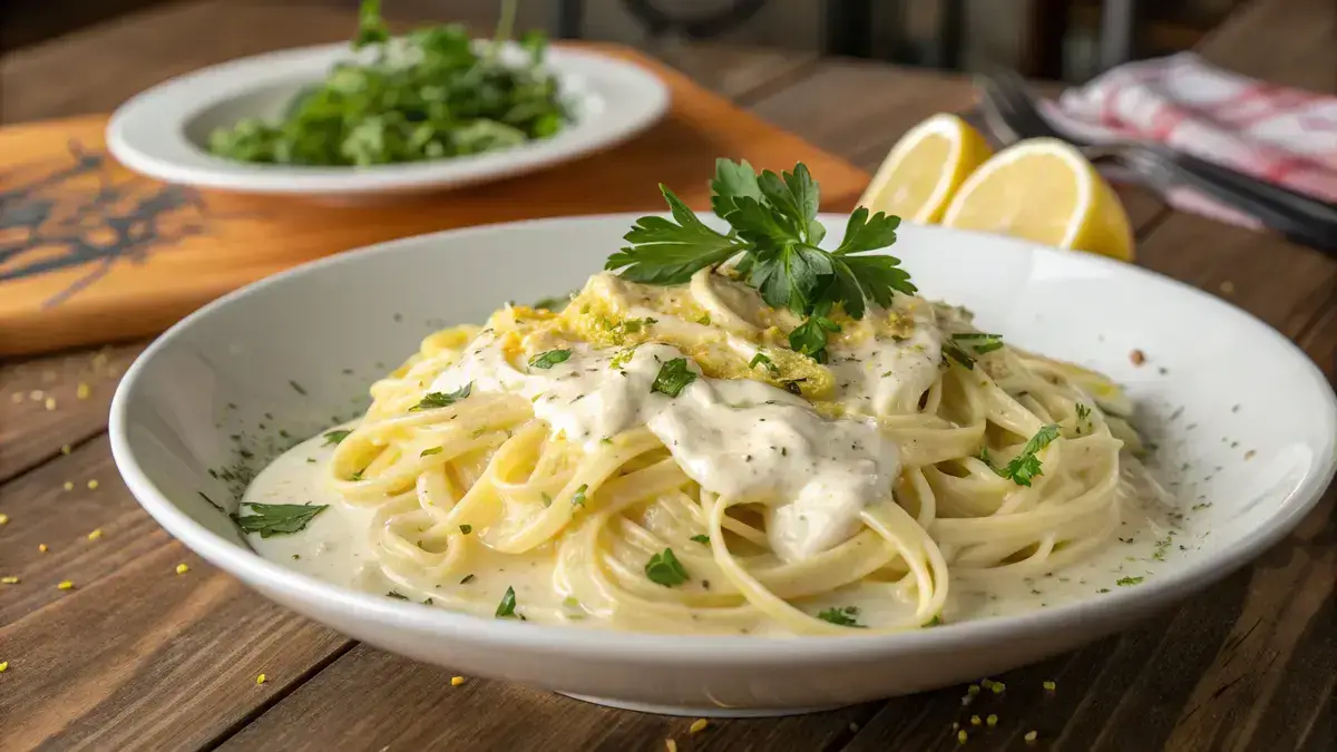 A bowl of pasta with lemon alfredo sauce and fresh parsley on top.