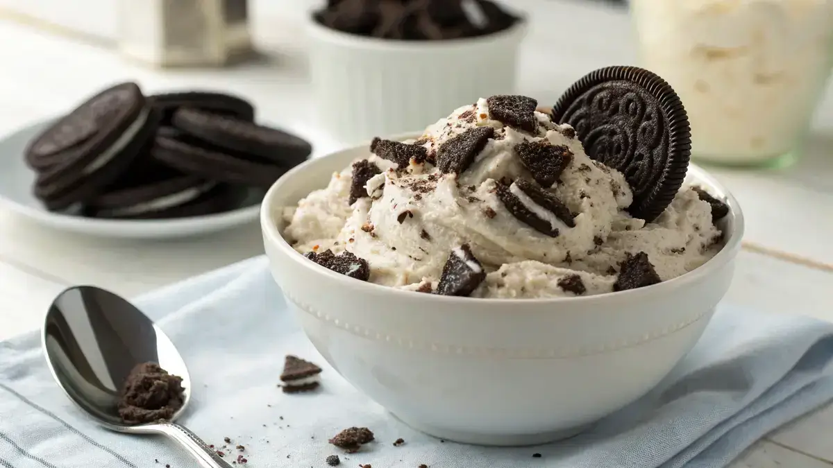 A creamy bowl of Oreo Fluff with crushed Oreo cookies on top, ready to be served.