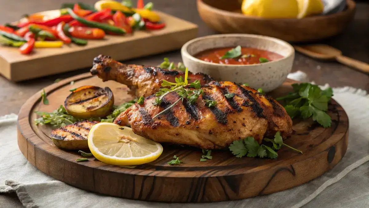 Grilled peri peri chicken on a wooden platter with herbs and lemon wedges.