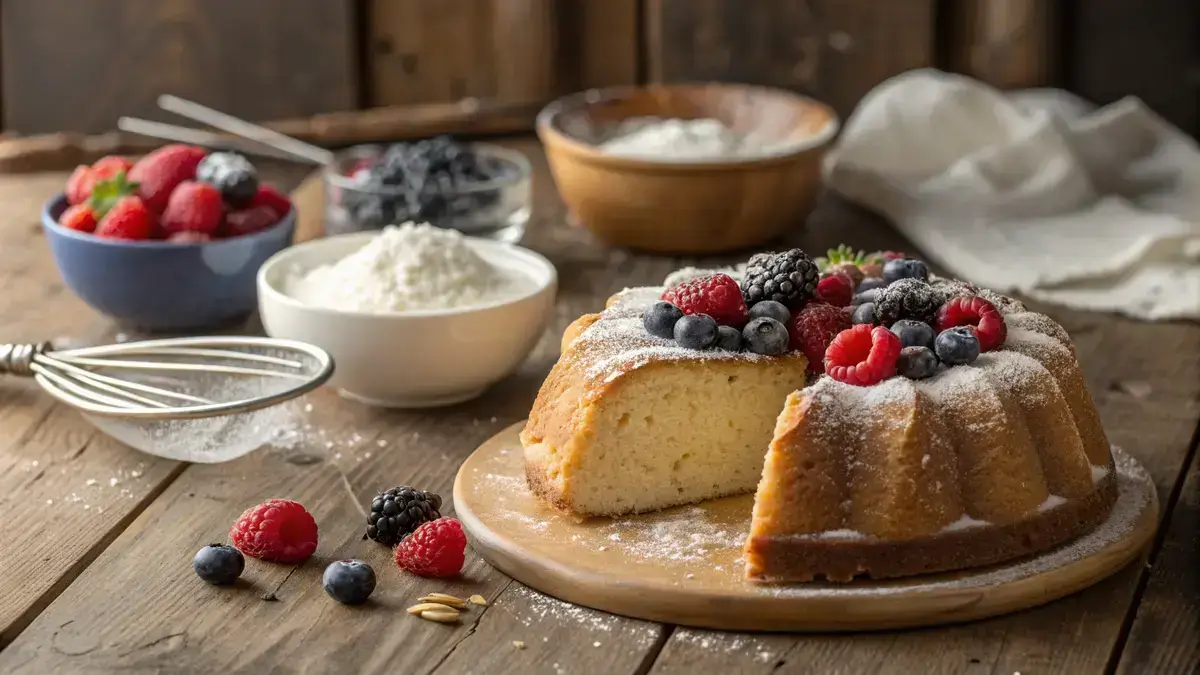 A freshly baked sugar free cake topped with berries on a wooden table.