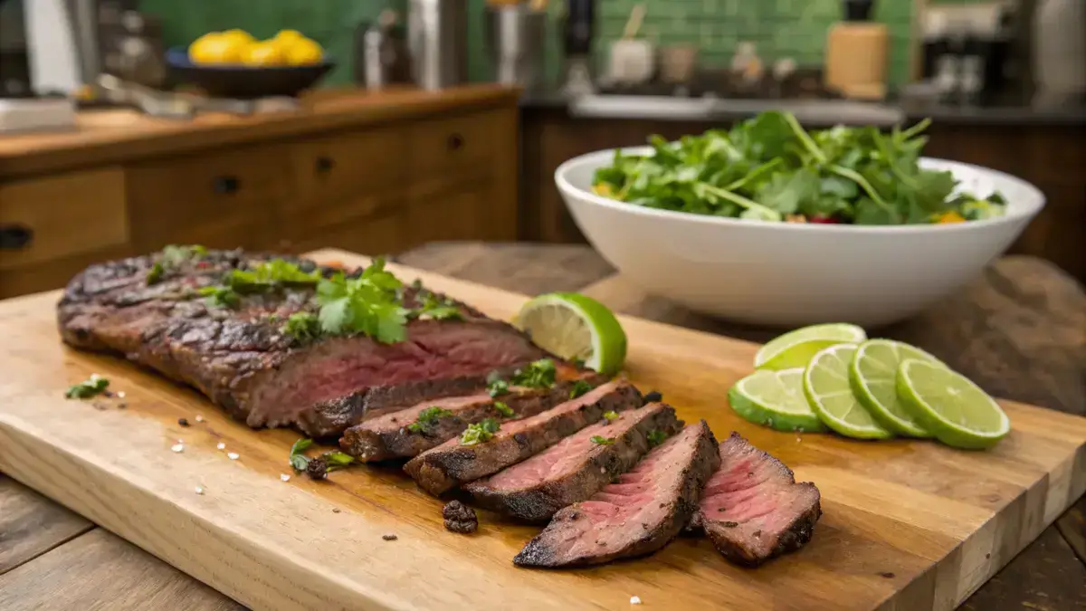 Grilled skirt steak sliced and garnished with cilantro and lime on a wooden cutting board.