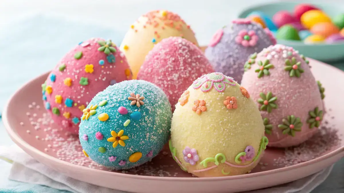 Colorful sugar Easter eggs decorated with sprinkles on a pastel plate.