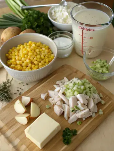 Ingredients for chicken corn chowder displayed on a kitchen table.