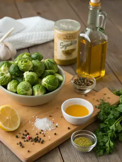 A variety of fresh ingredients for marinated brussel sprouts displayed on a wooden table.