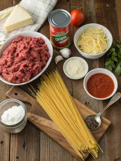 A variety of fresh ingredients for Million Dollar Spaghetti displayed on a kitchen table.