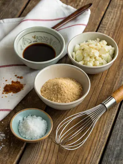 Ingredients for ramen seasoning displayed in small bowls with a whisk on a wooden table.