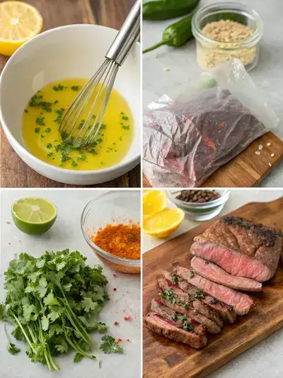 Step-by-step process of making carne asada, including marinade preparation, marinating steak, grilling, and resting the steak.