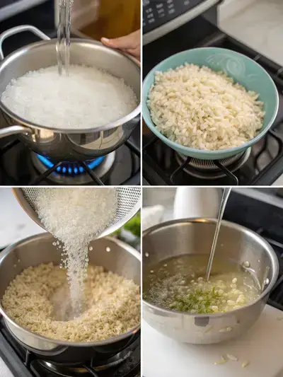Step-by-step process of preparing jasmine brown rice, including rinsing, combining ingredients, boiling, and serving.