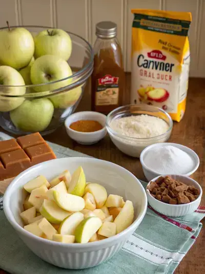 Ingredients for caramel apple dump cake displayed on a kitchen table.