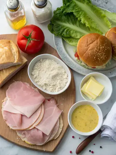 Ingredients for a chicken cordon bleu sandwich displayed on a kitchen table.