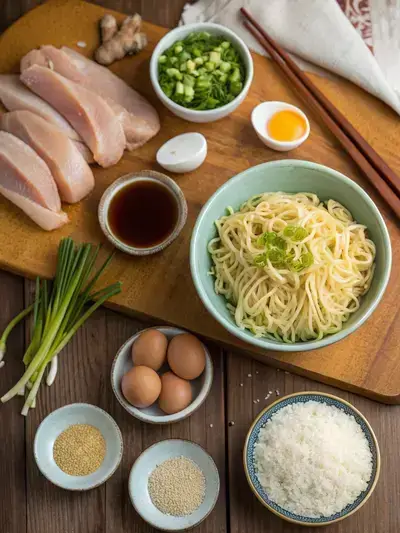 Ingredients for Chicken Katsu Ramen displayed on a kitchen table.
