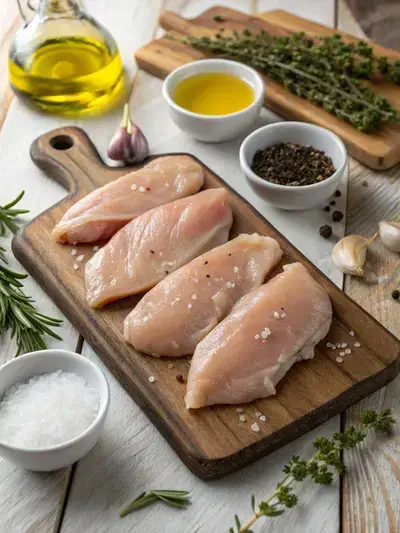 Raw chicken tenderloin with seasonings on a kitchen table.
