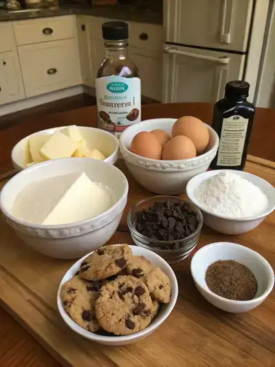 Ingredients for cookies and cream cookies displayed on a kitchen table.