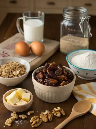 Ingredients for date nut bread displayed on a kitchen table, including dates, flour, sugar, and walnuts.