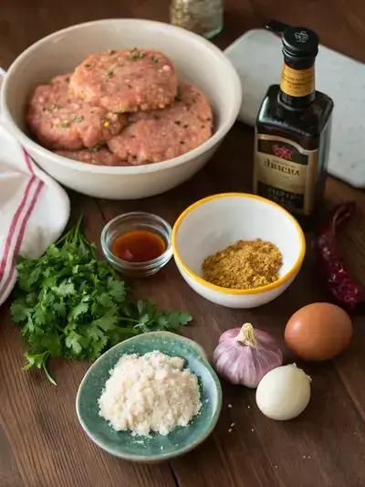 Ingredients for grilled chicken patties displayed on a kitchen table.