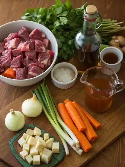 Ingredients for Beef Bone Soup arranged on a kitchen table, including beef bones, vegetables, and seasonings.