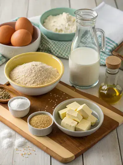 Ingredients for sesame seed sticks arranged on a kitchen table.