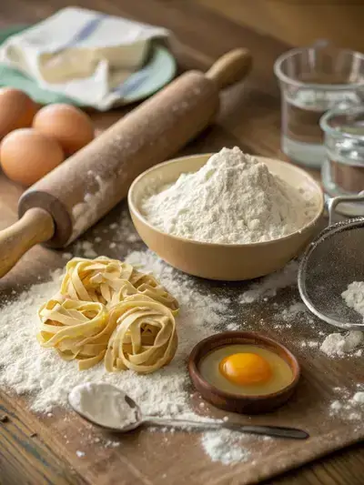 Ingredients for wide egg noodles on a kitchen table.