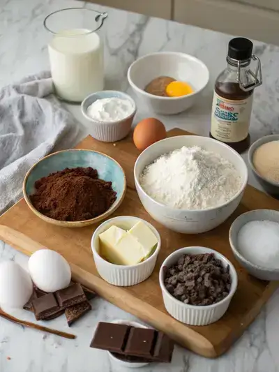 A variety of ingredients for Mounds Bar Cake displayed on a kitchen table, including flour, cocoa powder, butter, sugar, eggs, coconut, and Mounds bars.