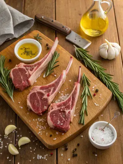 Ingredients for mutton chops displayed on a kitchen table.
