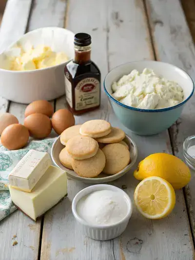 A collection of ingredients for Woolworth cheesecake, including biscuits, butter, cream cheese, sugar, vanilla, eggs, sour cream, and lemon.