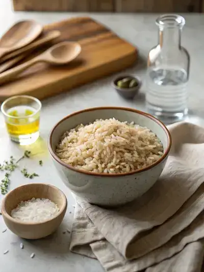 Bowl of jasmine brown rice with water, salt, and olive oil on a rustic kitchen table.
