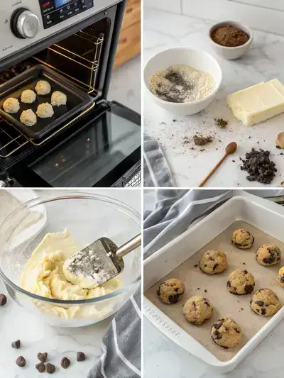 Step-by-step process of making cookies and cream cookies, including preheating the oven, creaming butter and sugars, mixing dry ingredients, and preparing cookie dough.