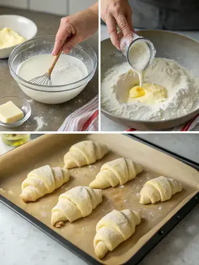Step-by-step process of making croissant bread, including mixing ingredients, kneading dough, rolling with butter, and shaping croissants.