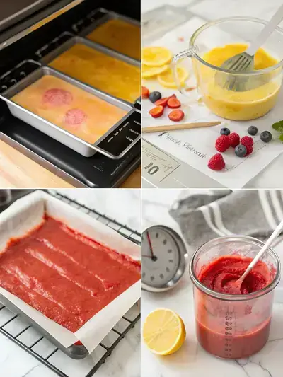 Step-by-step process of making fruit roll ups, including preheating the oven, blending ingredients, cooking the mixture, and preparing the baking sheet.