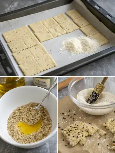 Step-by-step process of making sesame crackers, including mixing ingredients, forming dough, and rolling it out.