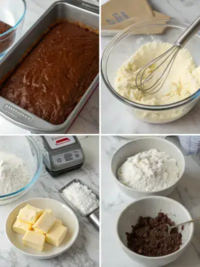 Step-by-step process of making Mounds Bar Cake, including preheating the oven, mixing dry ingredients, creaming butter and sugar, and folding in coconut and Mounds bars.