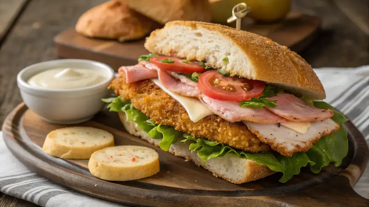 Delicious chicken cordon bleu sandwich with crispy breading and fresh toppings.
