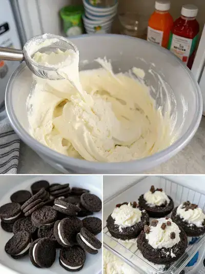 Step-by-step process of making Oreo Fluff, showcasing cream cheese, sugar, whipped topping, and Oreo cookies in a visually appealing layout.