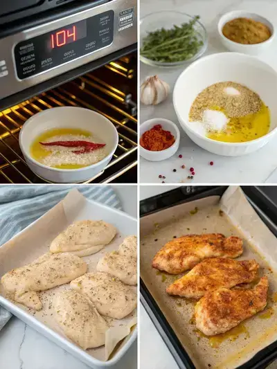 Step-by-step preparation of chicken tenderloin, including preheating the oven, drying the chicken, seasoning, and arranging on a baking sheet.