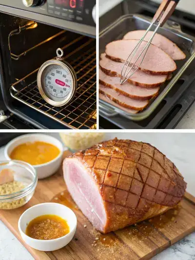 Step-by-step preparation of honey baked ham, including preheating the oven, scoring the ham, preparing the roasting pan, and making the glaze.