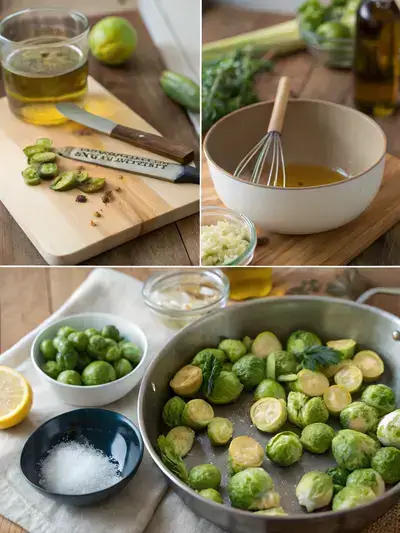 Step-by-step preparation of marinated brussel sprouts, including trimming, blanching, mixing marinade, and tossing sprouts in the marinade.