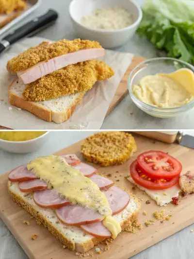 Step-by-step preparation of a chicken cordon bleu sandwich, showcasing seasoned chicken, layered ingredients, breading process, and final assembly.