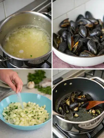 A step-by-step visual guide to preparing black mussels, showcasing rinsing, sautéing, simmering, and serving.