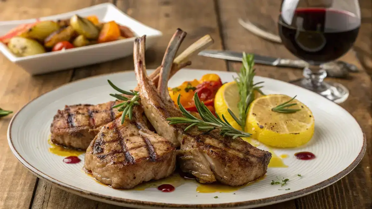 Delicious mutton chops garnished with rosemary and lemon juice on a rustic table.