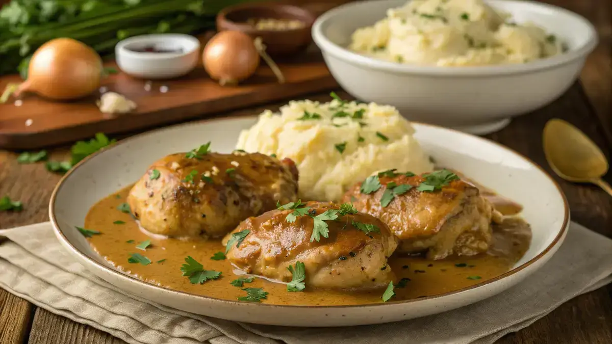 Delicious smothered chicken with gravy and parsley on a wooden table.