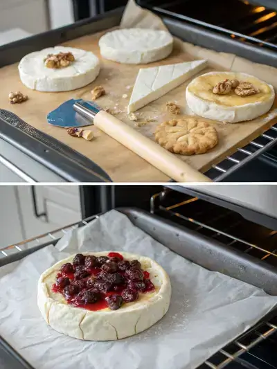 Step-by-step preparation of Baked Brie, including preheating the oven, rolling out puff pastry, placing Brie with fruit preserves, and wrapping it for baking.