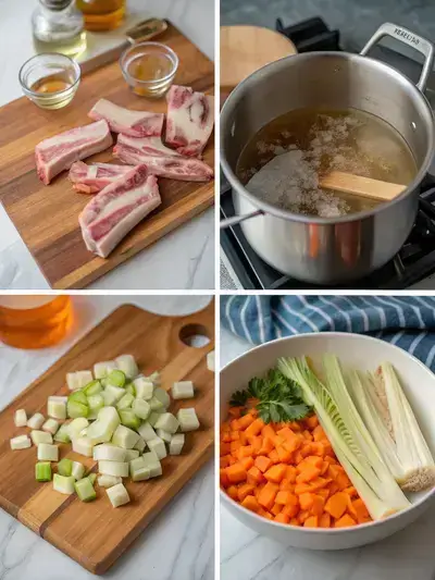 Four-step visual guide to making bone broth, featuring ingredients and cooking process.