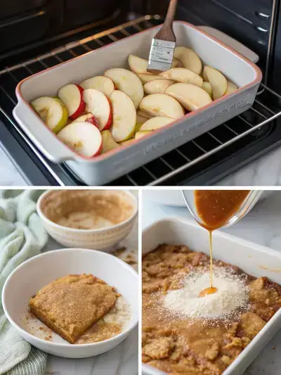 Step-by-step preparation of caramel apple dump cake, including greasing the dish, arranging apples, drizzling caramel, and pouring cake mix.