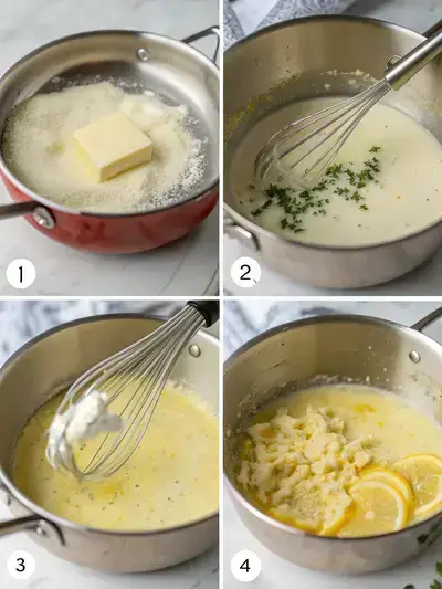 Four-step process of making lemon alfredo sauce, including melting butter, adding cream, mixing in flavor, and incorporating cheese.