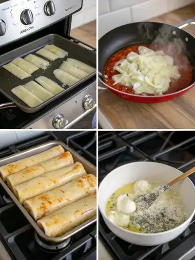 Step-by-step preparation of manicotti, including preheating the oven, cooking shells, sautéing vegetables, and mixing filling.