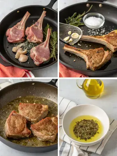 Four-step process of preparing mutton chops, including seasoning, heating oil, searing, and resting.