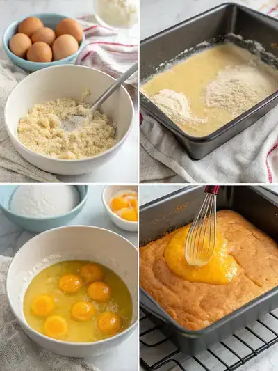 Step-by-step process of making orange juice cake, including preheating the oven, mixing ingredients, and pouring batter.
